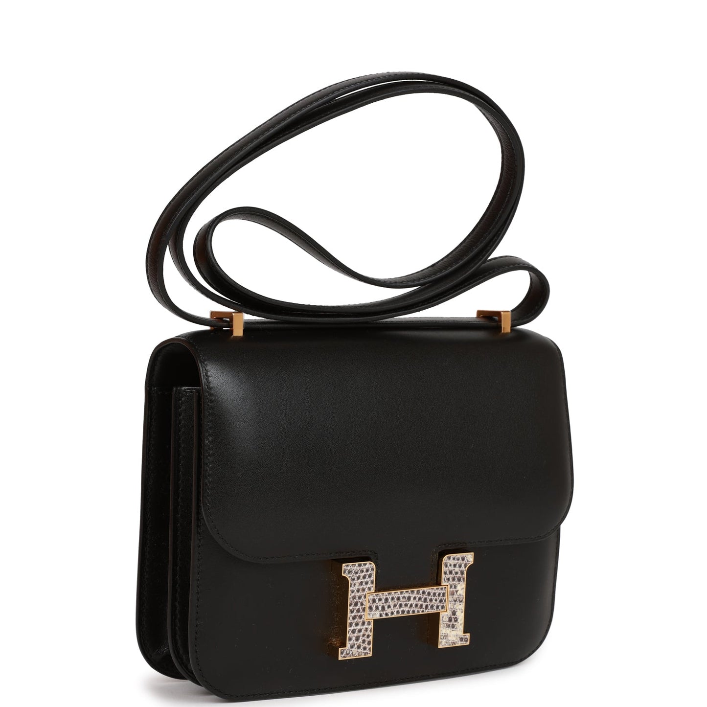 Hermes Constance Tadelakt And Lizard Hardware Crossbody Bag Black Gold