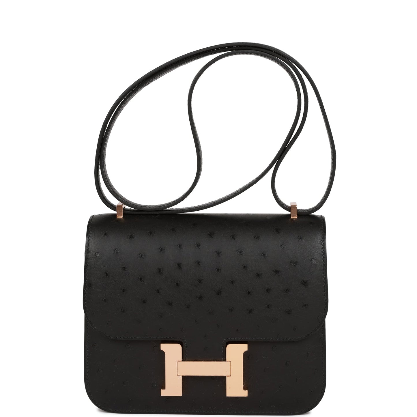 Hermes Constance Ostrich Rose Hardware Handbag Black Gold Travel Bag