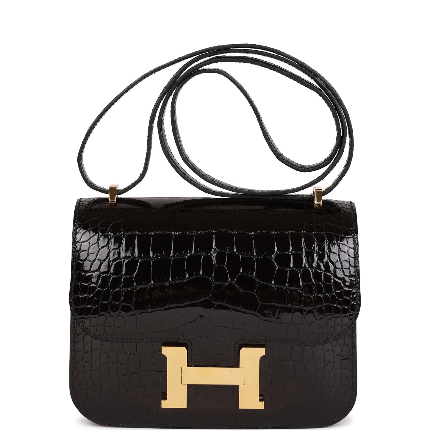 Hermes Constance Shiny Alligator Hardware Handbag Black Gold Travel Bag