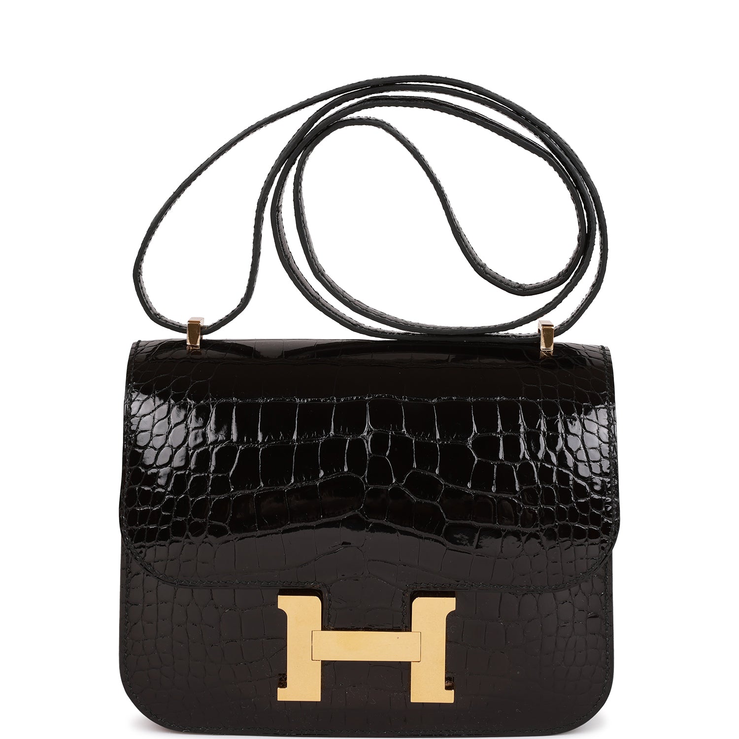 Hermes Constance Shiny Alligator Hardware Handbag Black Gold Travel Bag
