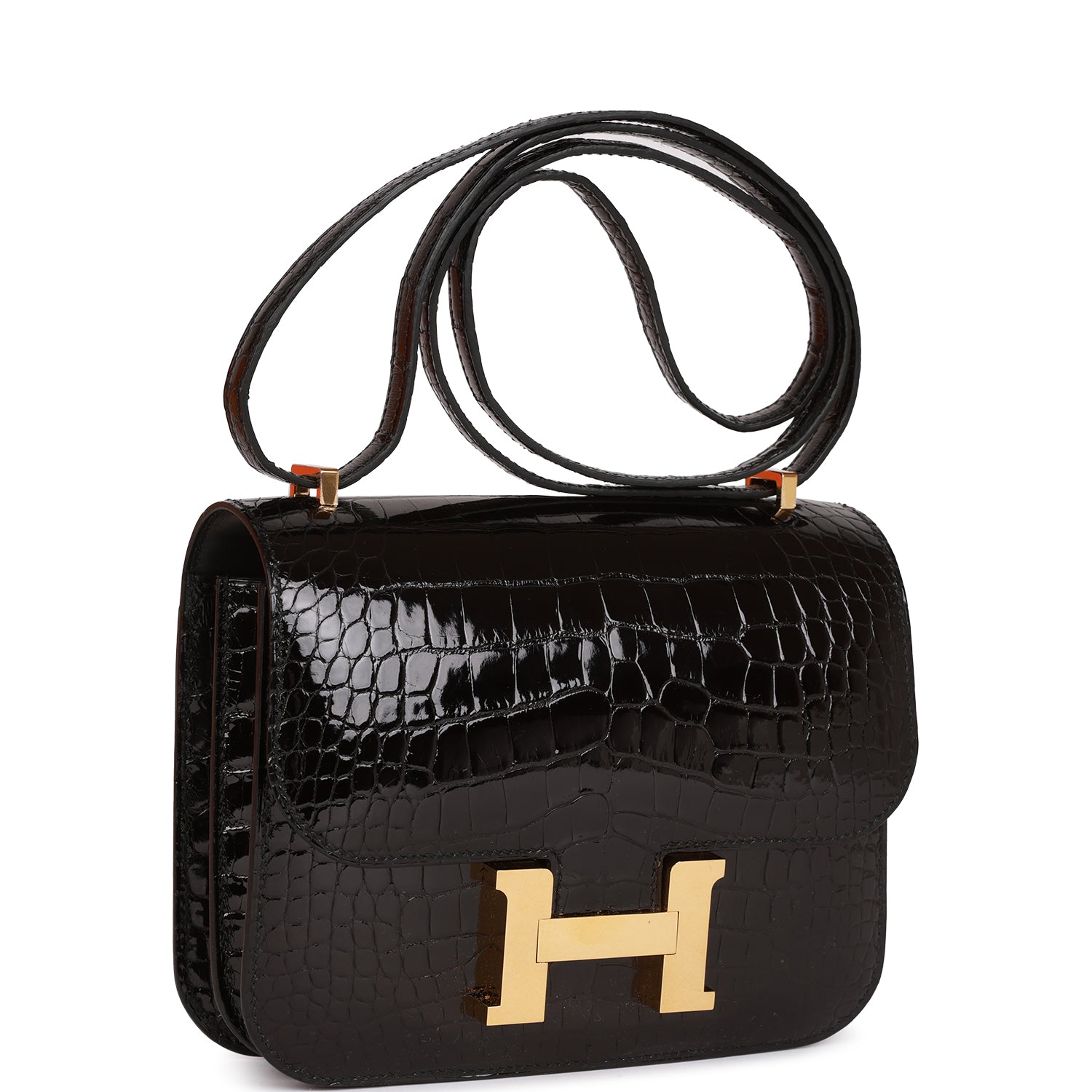 Hermes Constance Shiny Alligator Hardware Handbag Black Gold Travel Bag
