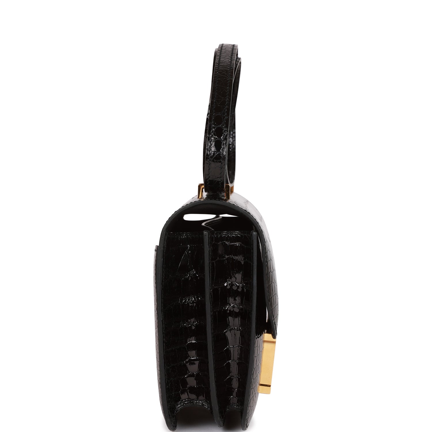 Hermes Constance Shiny Alligator Hardware Handbag Black Gold Travel Bag