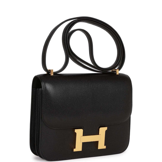 Hermes Constance Chevre Hardware Handbag Black Gold Travel Bag