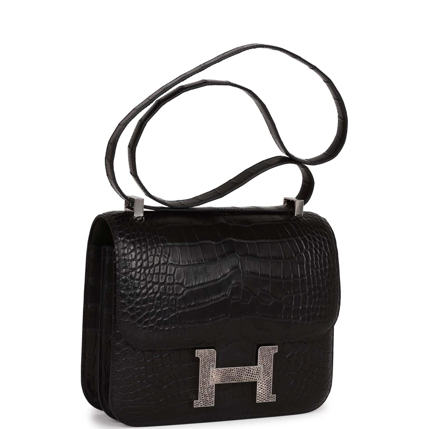 Hermes Constance Matte Alligator And Ombre Lizard Marquette Palladium Black Travel Bag