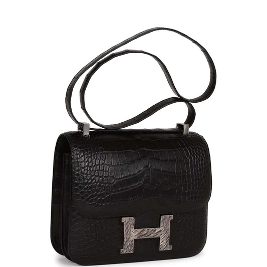 Hermes Constance Matte Alligator And Ombre Lizard Marquette Palladium Black Travel Bag