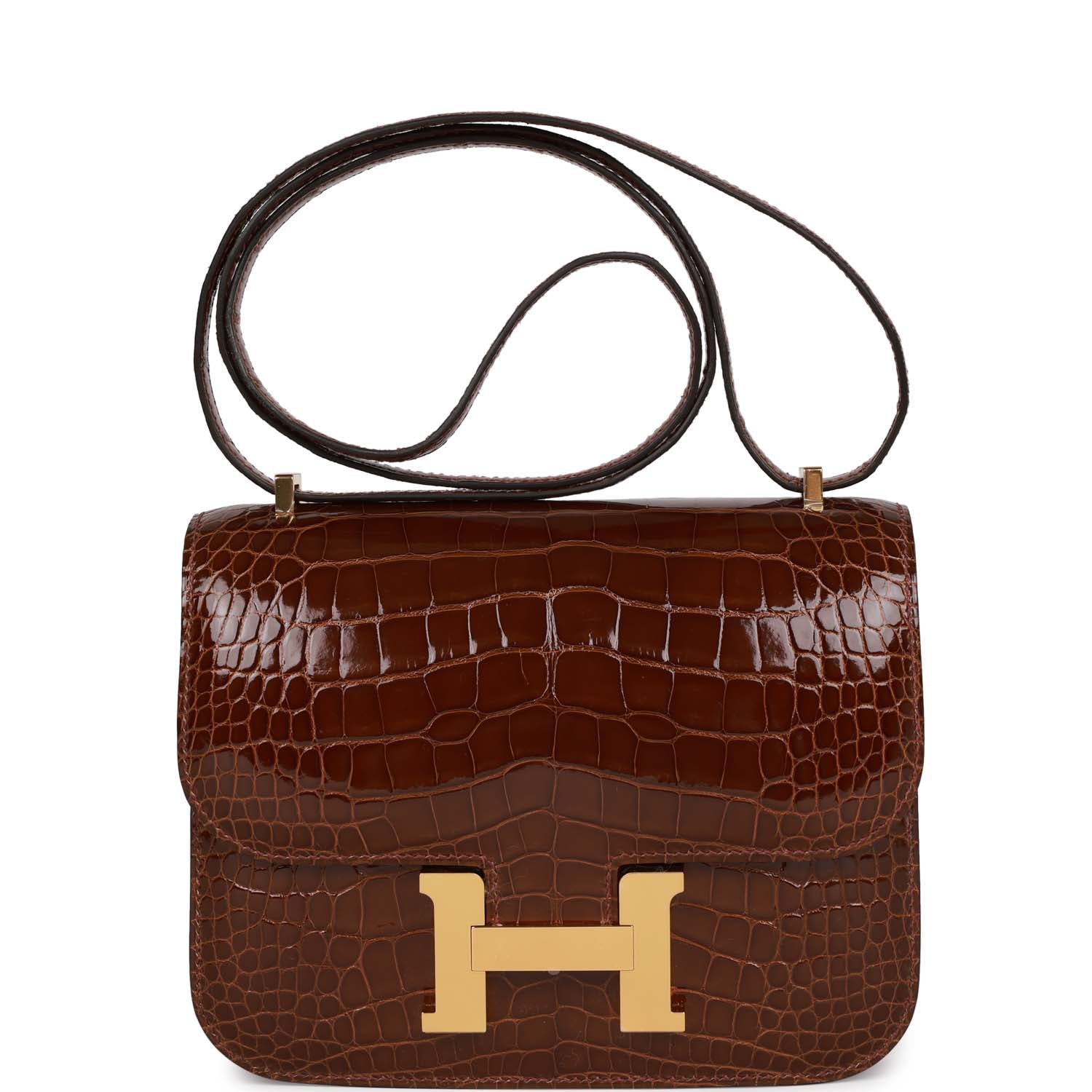 Hermes Constance Miel Shiny Alligator Hardware Handbag Gold Travel Bag