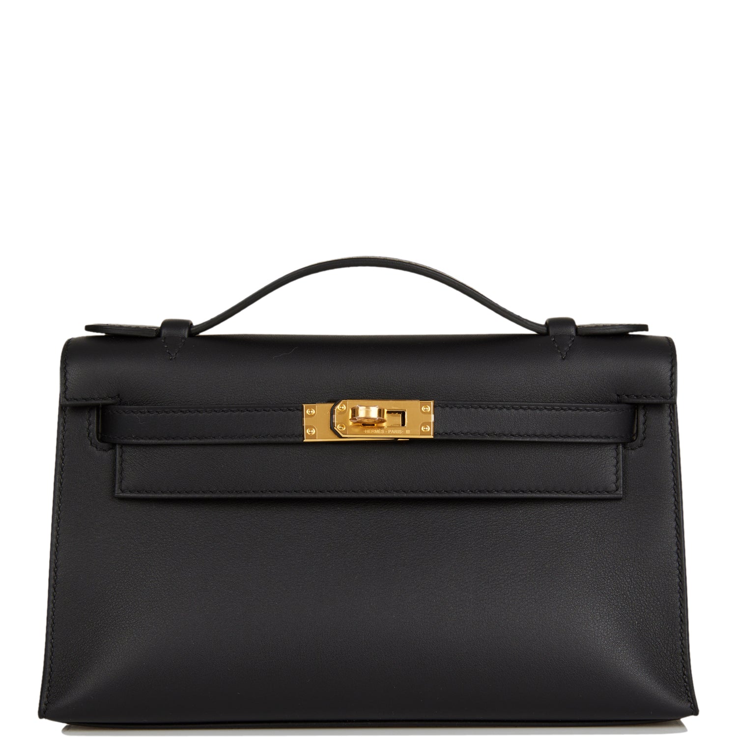 Hermes Kelly Pochette Swift Hardware Clutch Bag Black Gold Hardware 2