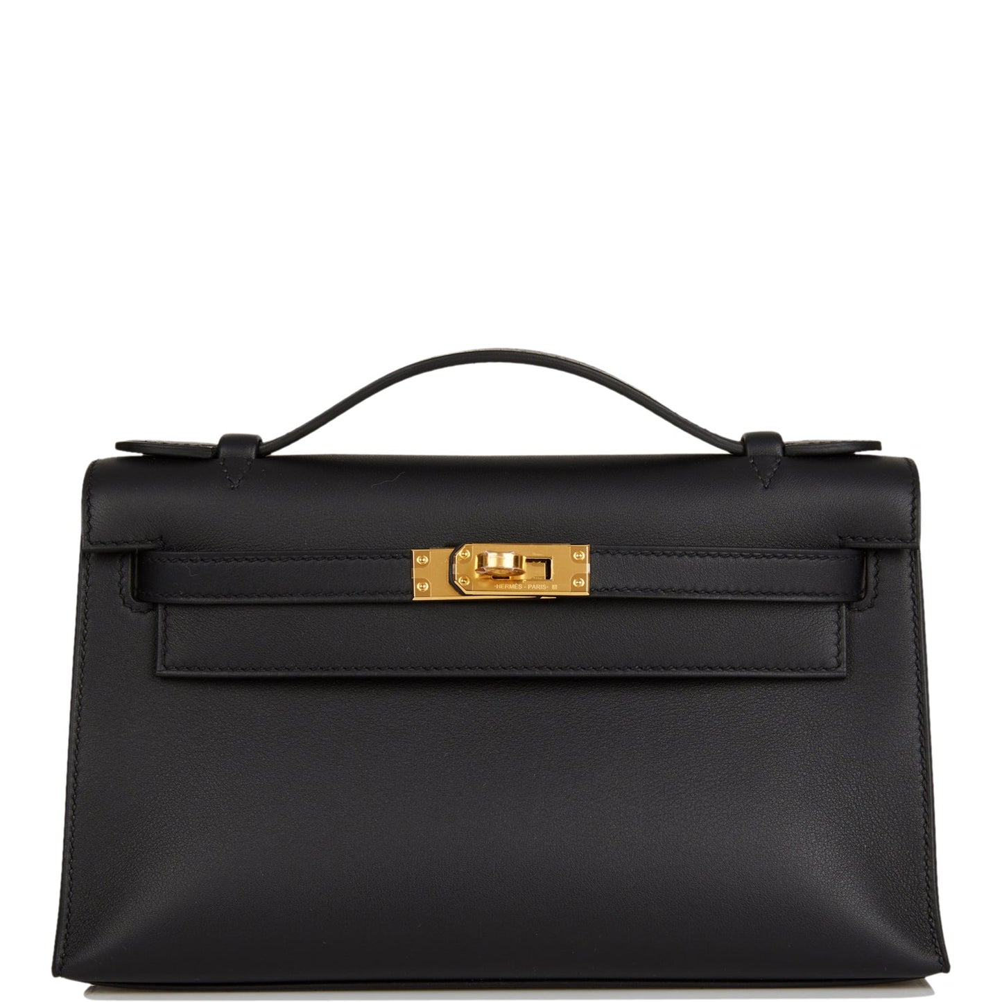 Hermes Kelly Pochette Swift Hardware Handbag Black Gold Travel Bag