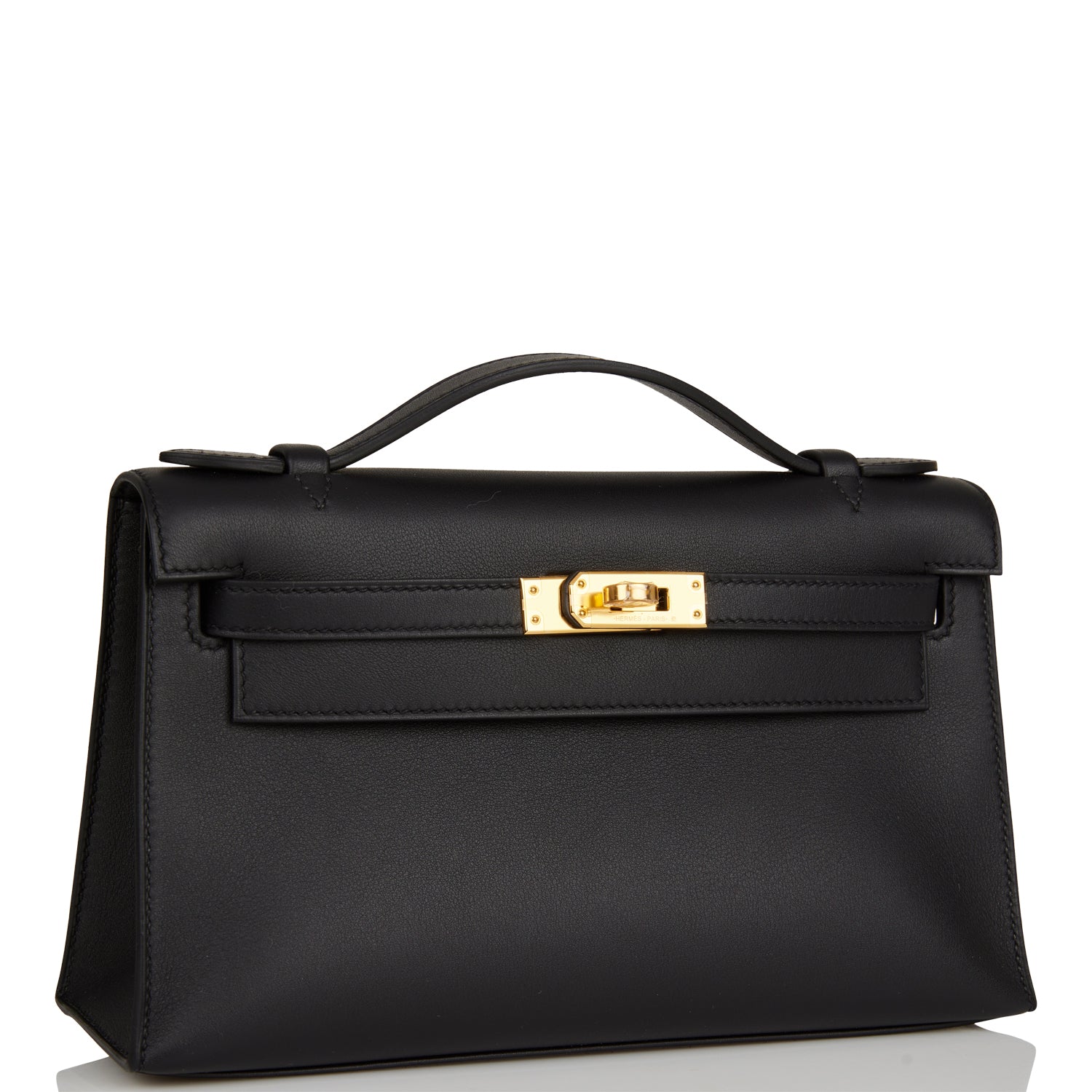 Hermes Kelly Pochette Swift Hardware Handbag Black Gold Travel Bag
