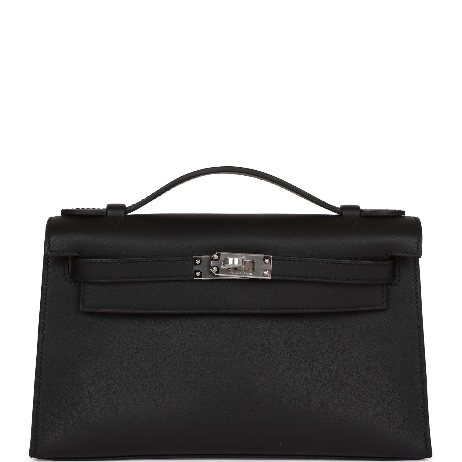 Hermes Kelly Pochette Swift Palladium Hardware Handbag Black Travel Bag