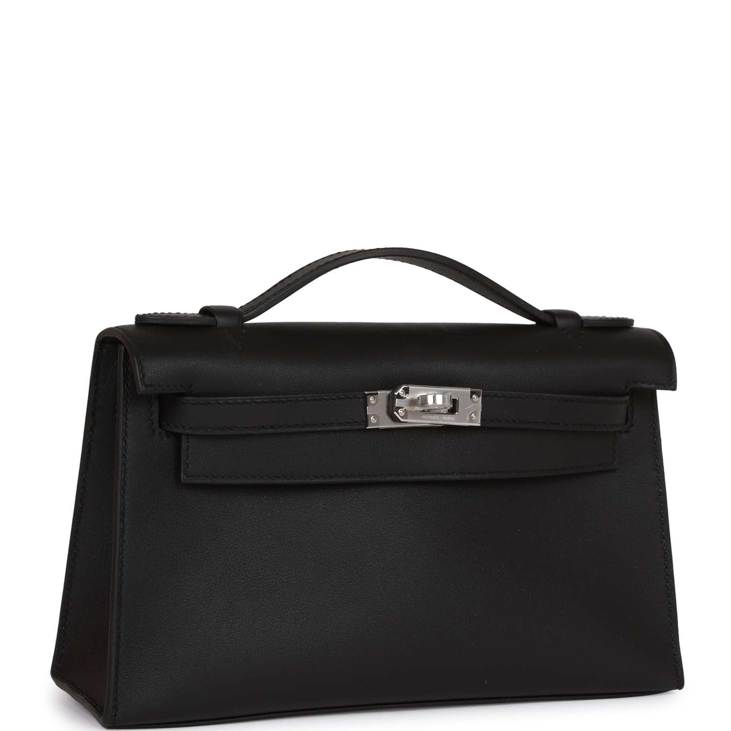 Hermes Kelly Pochette Swift Palladium Hardware Handbag Black Travel Bag