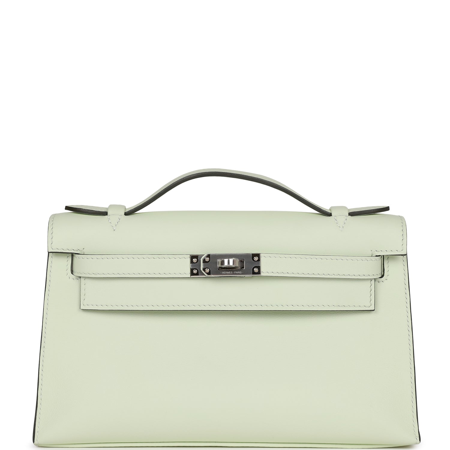 Hermes Kelly Pochette Vert Fizz Swift Palladium Hardware Travel Bag