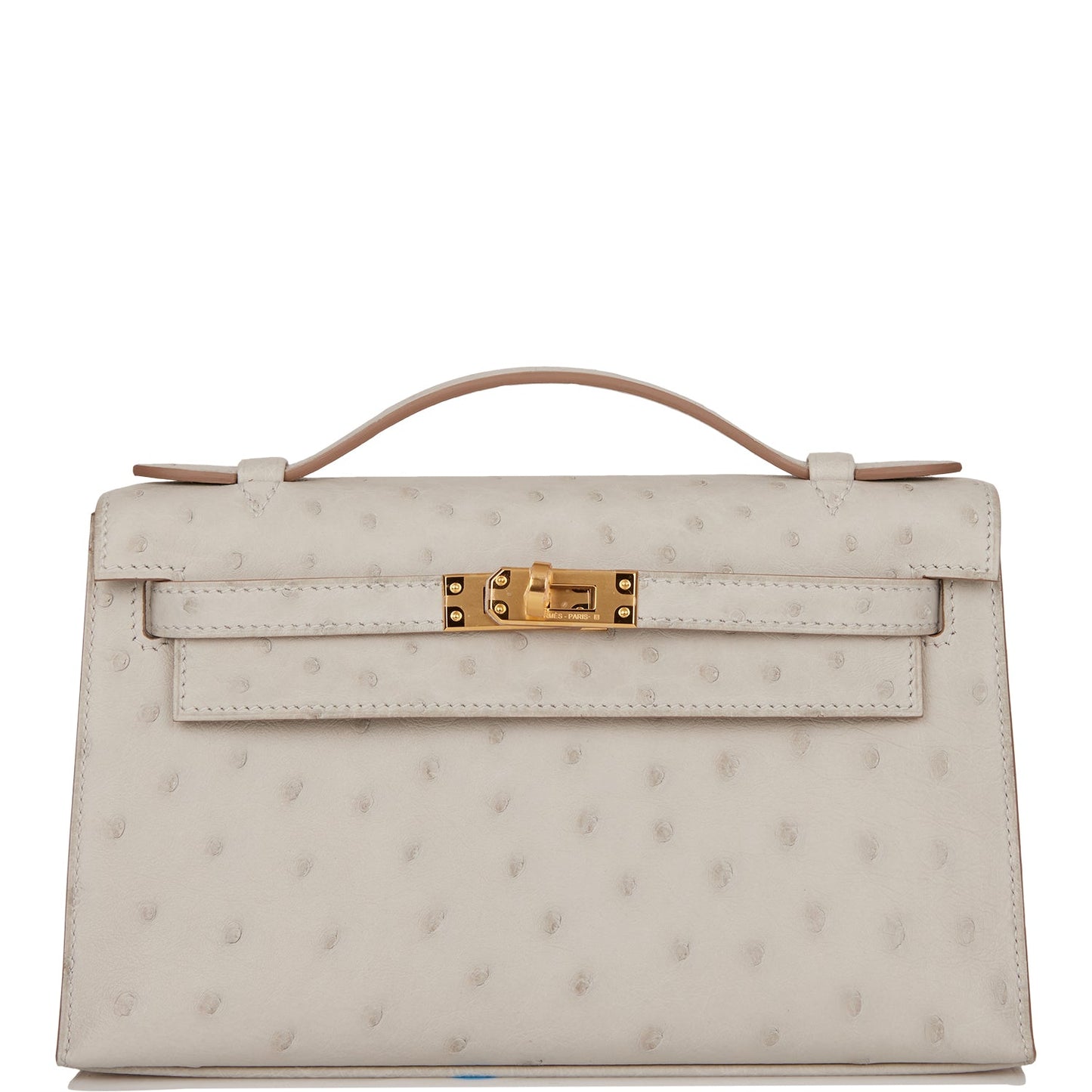 Hermes Kelly Pochette Gris Perle Ostrich Hardware Handbag Gold Travel Bag