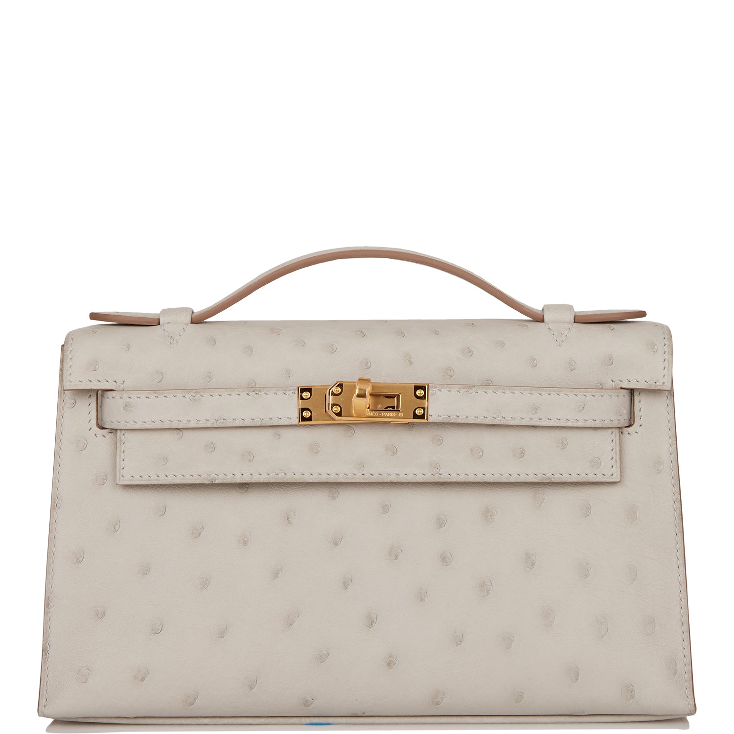 Hermes Kelly Pochette Gris Perle Ostrich Hardware Handbag Gold Travel Bag