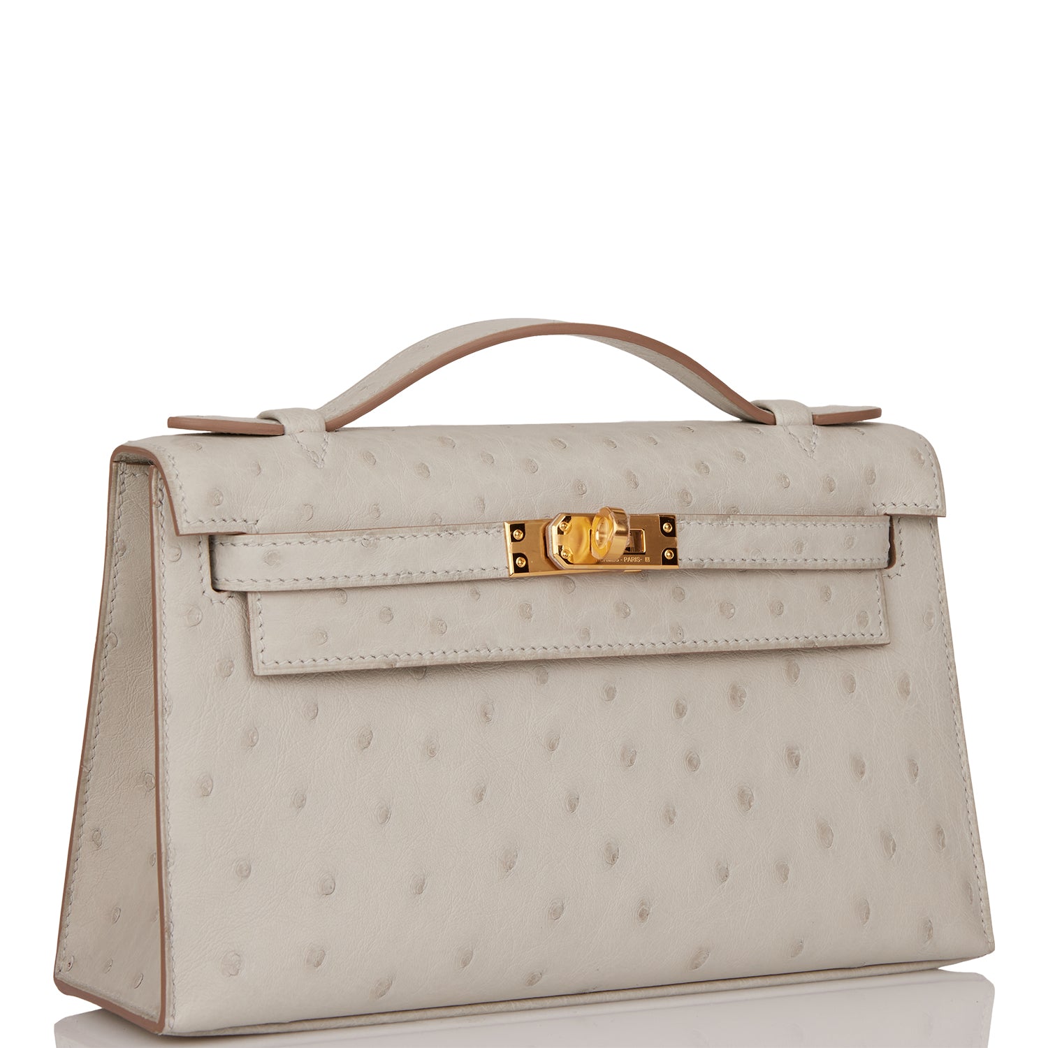 Hermes Kelly Pochette Gris Perle Ostrich Hardware Handbag Gold Travel Bag