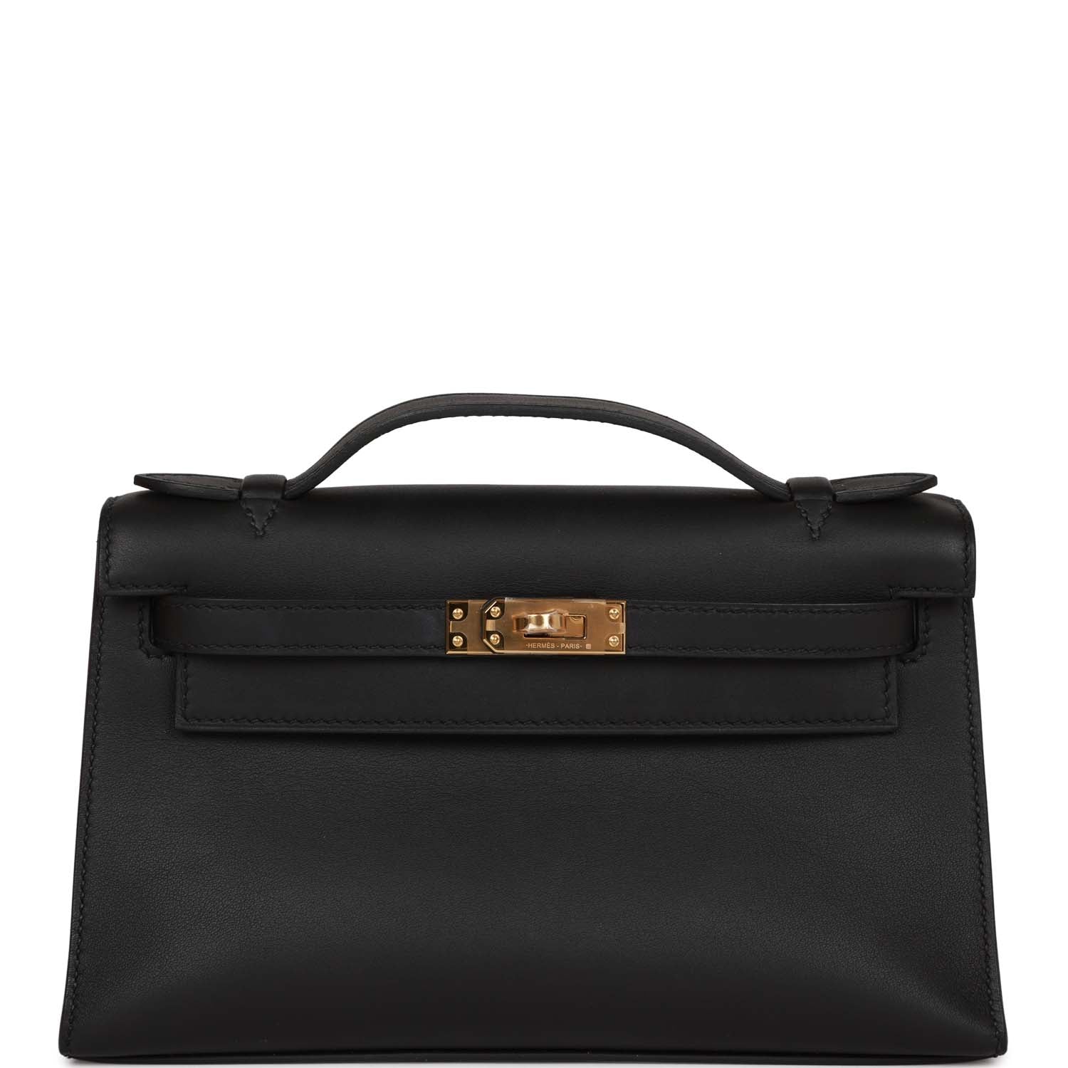 Hermes Kelly Pochette Swift Hardware Clutch Bag Black Gold Hardware 7
