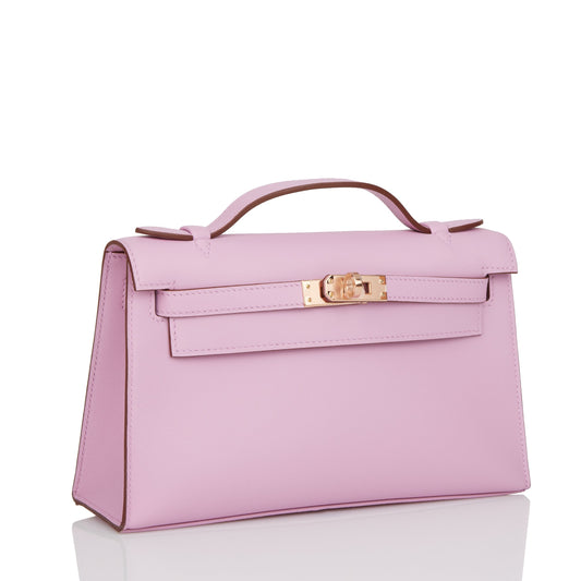 Hermes Kelly Pochette Mauve Sylvestre Swift Rose Hardware Handbag Gold Travel Bag