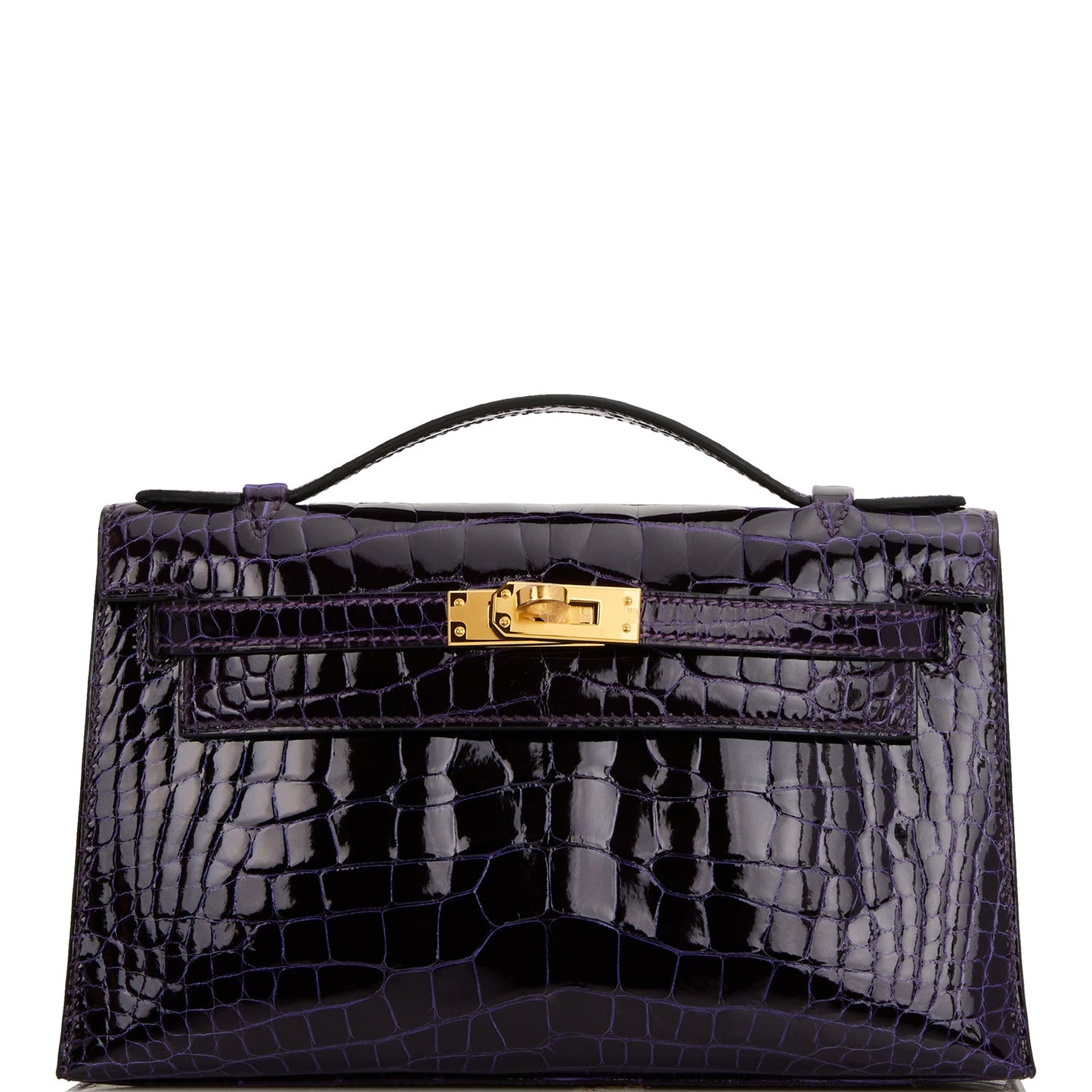 Hermes Kelly Pochette Amethyst Shiny Alligator Hardware Handbag Gold Travel Bag