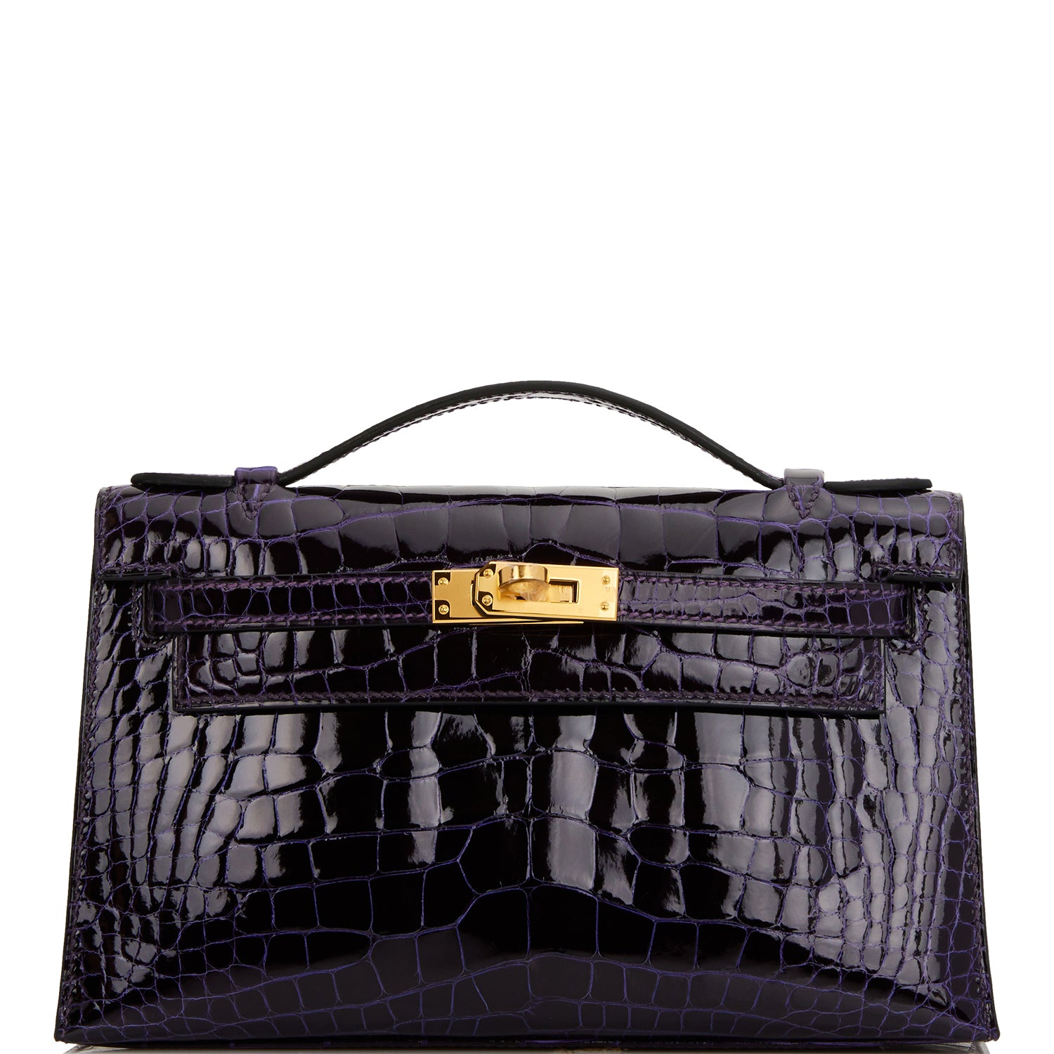 Hermes Kelly Pochette Amethyst Shiny Alligator Hardware Handbag Gold Travel Bag
