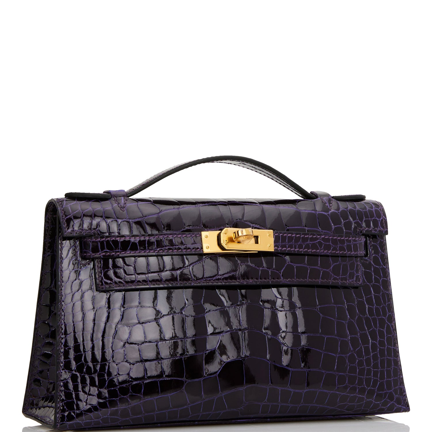 Hermes Kelly Pochette Amethyst Shiny Alligator Hardware Handbag Gold Travel Bag