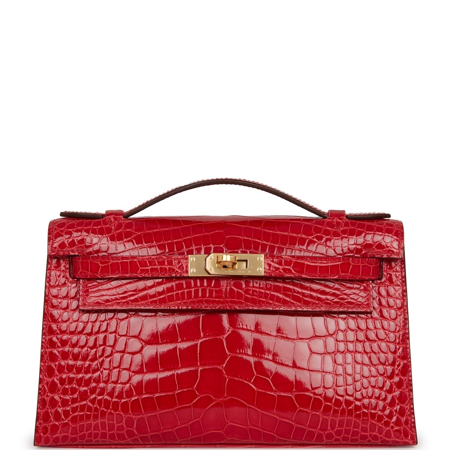 Hermes Kelly Pochette Rouge De Coeur Shiny Alligator Gold Clutch Bag