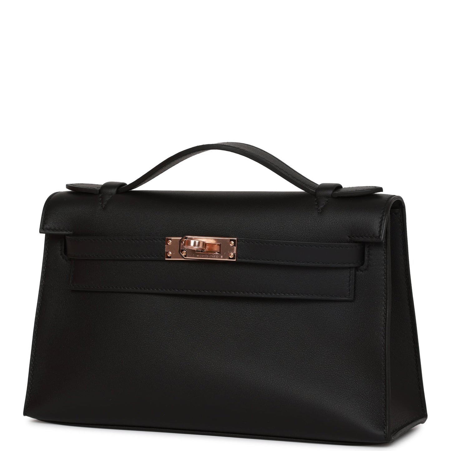 Hermes Kelly Pochette Swift Rose Hardware Handbag Black Gold Travel Bag