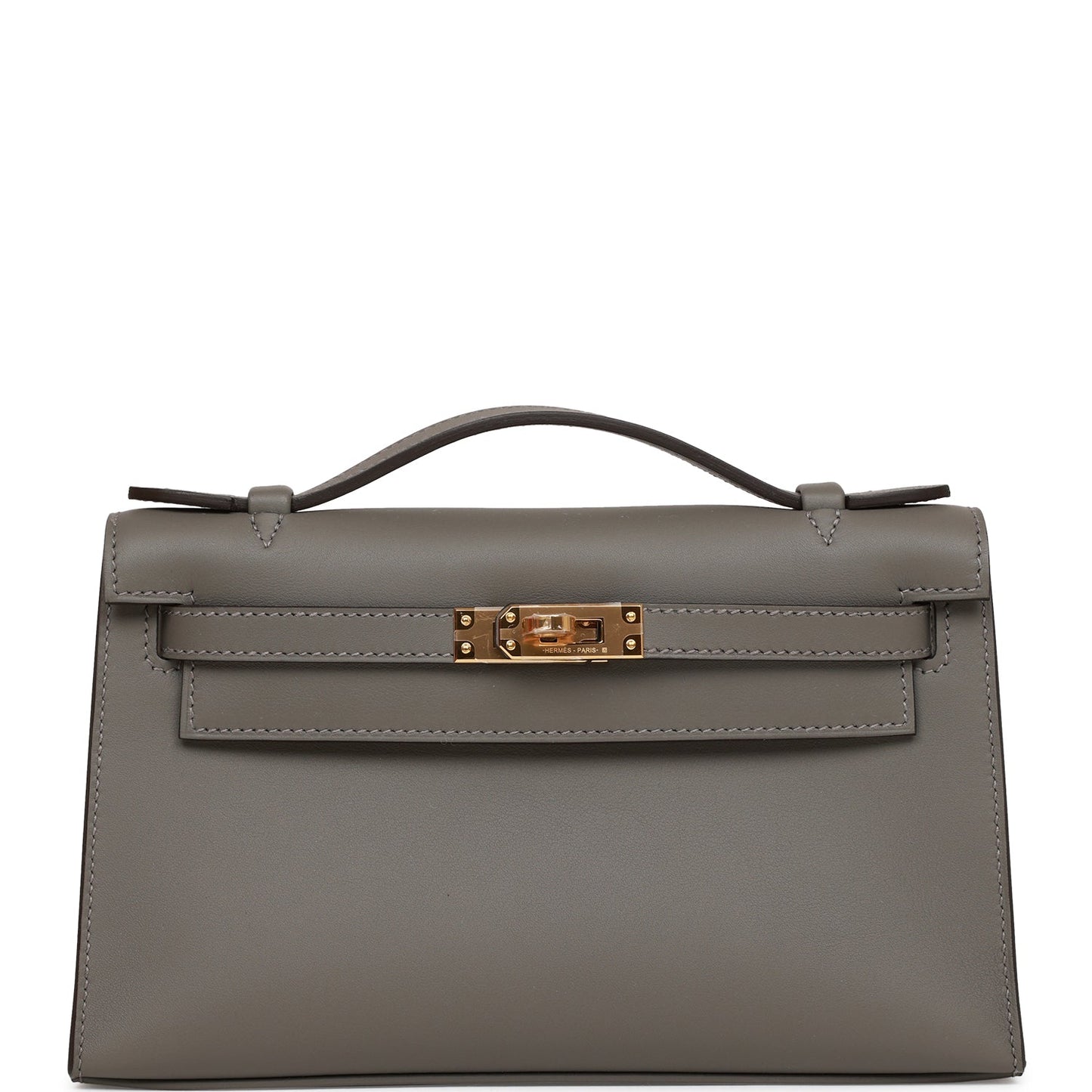 Hermes Kelly Pochette Gris Meyer Swift Hardware Handbag Gold Travel Bag