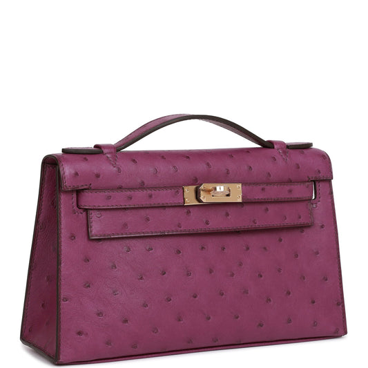 Hermes Kelly Pochette Anemone Ostrich Permabrass Hardware Handbag Travel Bag