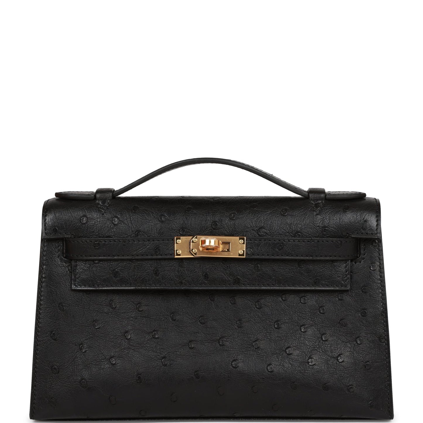 Hermes Kelly Pochette Ostrich Hardware Clutch Bag Black Gold