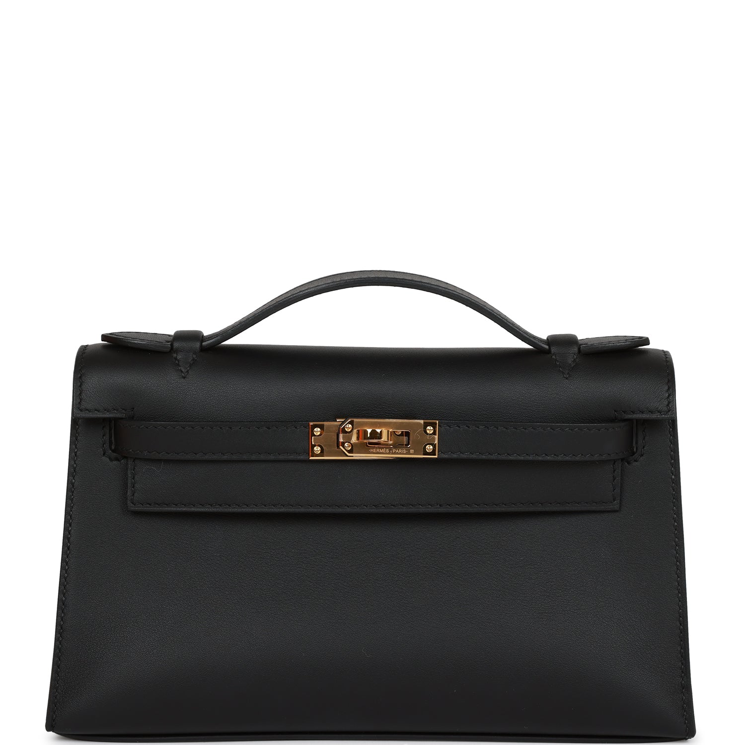 Hermes Kelly Pochette Swift Hardware Clutch Bag Black Gold