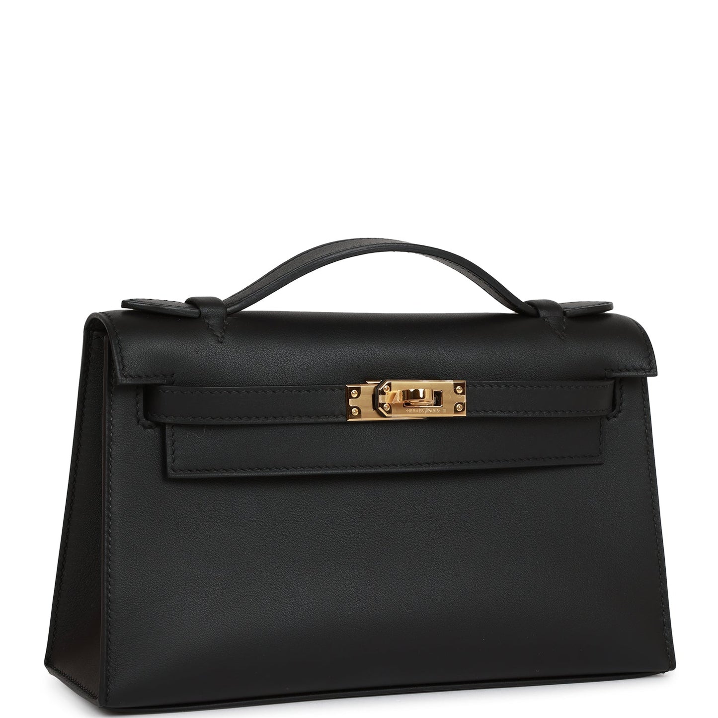 Hermes Kelly Pochette Swift Hardware Clutch Bag Black Gold