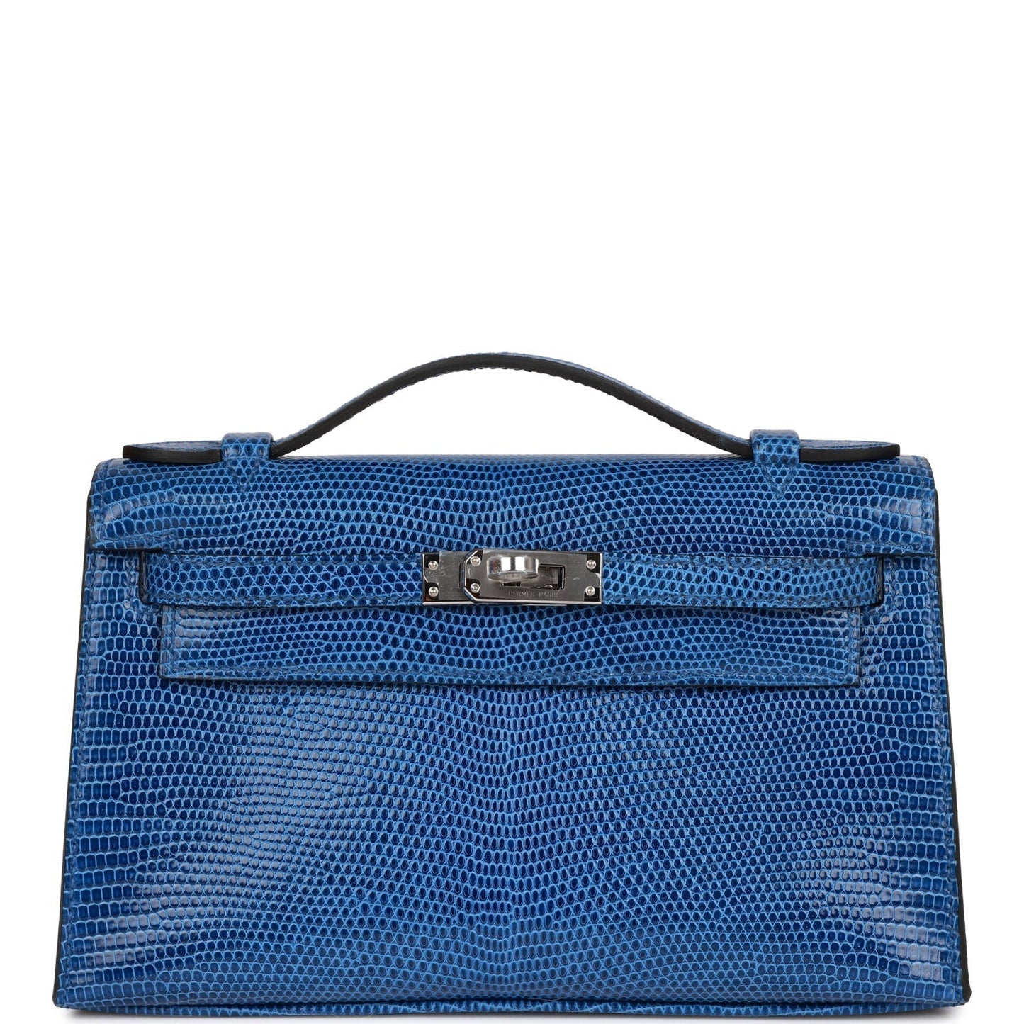 Hermes Kelly Pochette Bleu Saphir Lizard Palladium Hardware Travel Bag