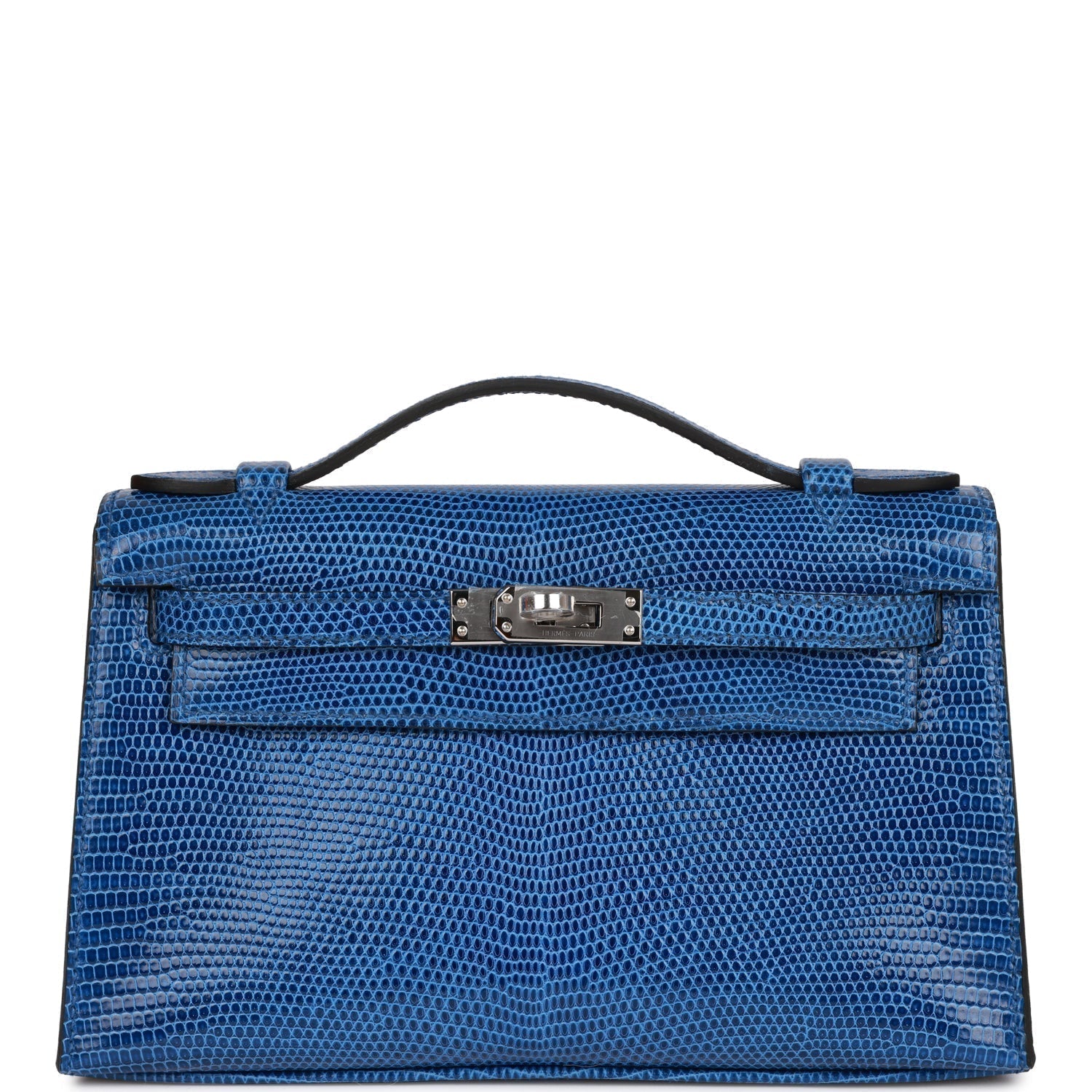 Hermes Kelly Pochette Bleu Saphir Lizard Palladium Hardware Travel Bag