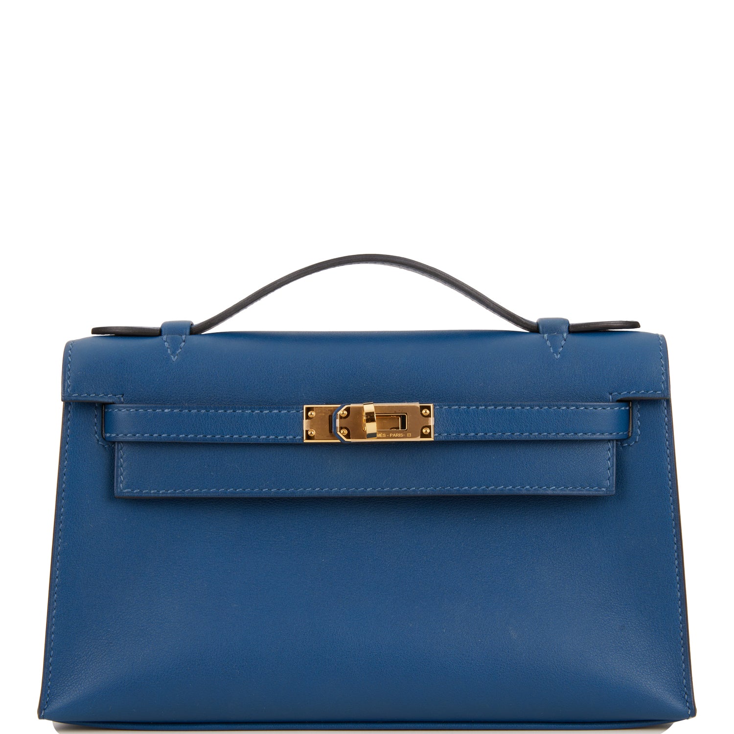 Hermes Kelly Pochette Deep Swift Hardware Handbag Blue Gold Travel Bag