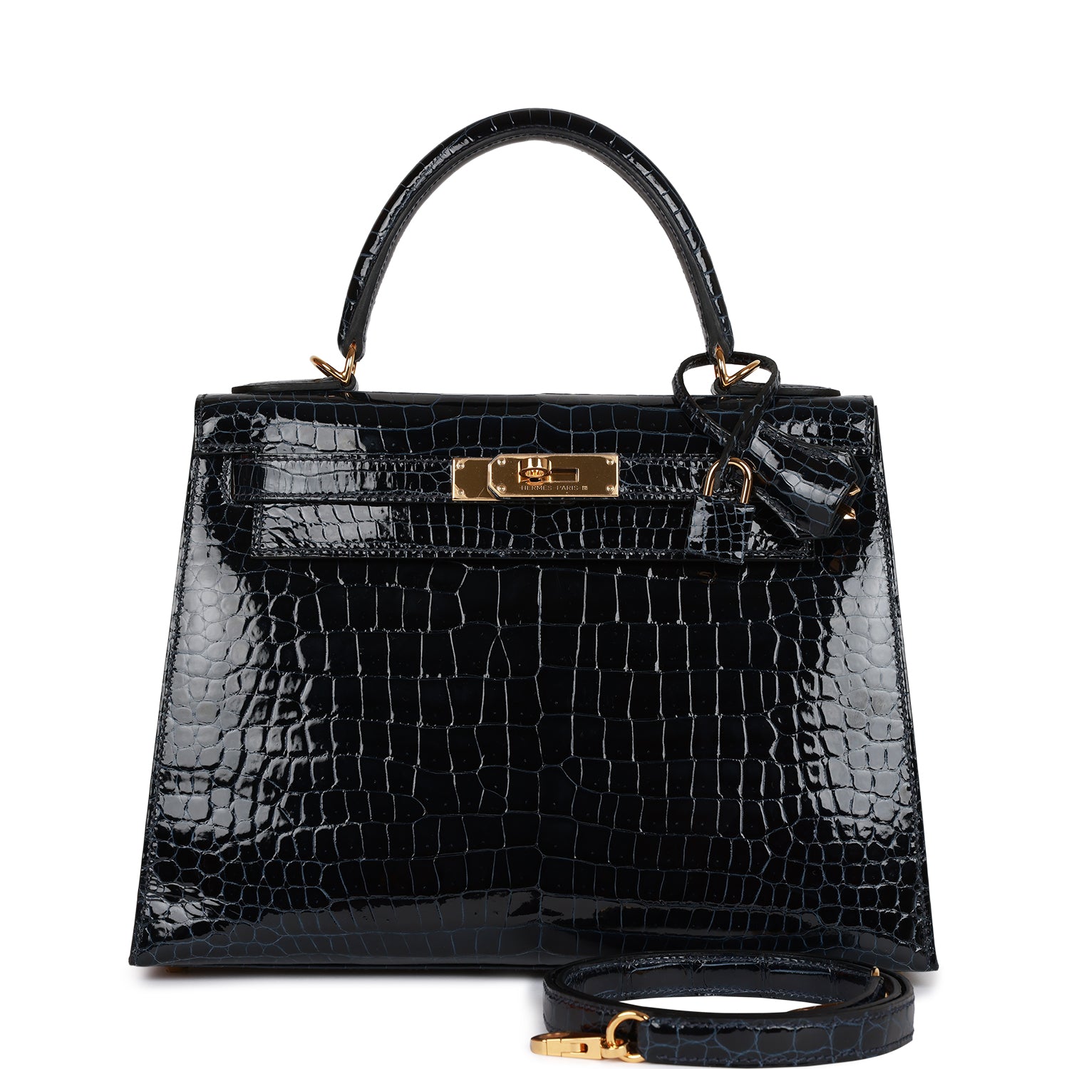 Hermes Kelly Sellier Bleu Baltique Shiny Porosus Crocodile Gold Travel Bag