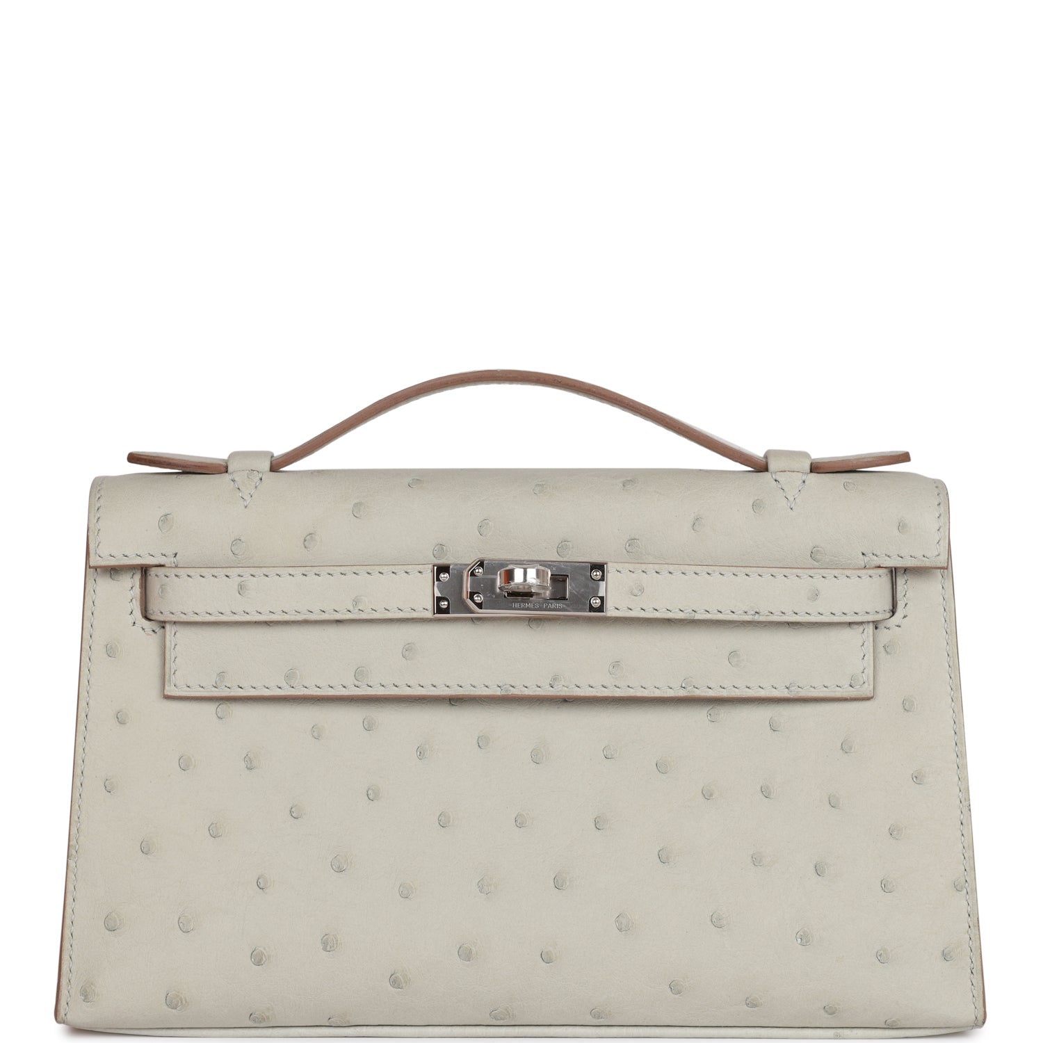 Hermes Kelly Pochette Gris Perle Ostrich Palladium Hardware Clutch Bag