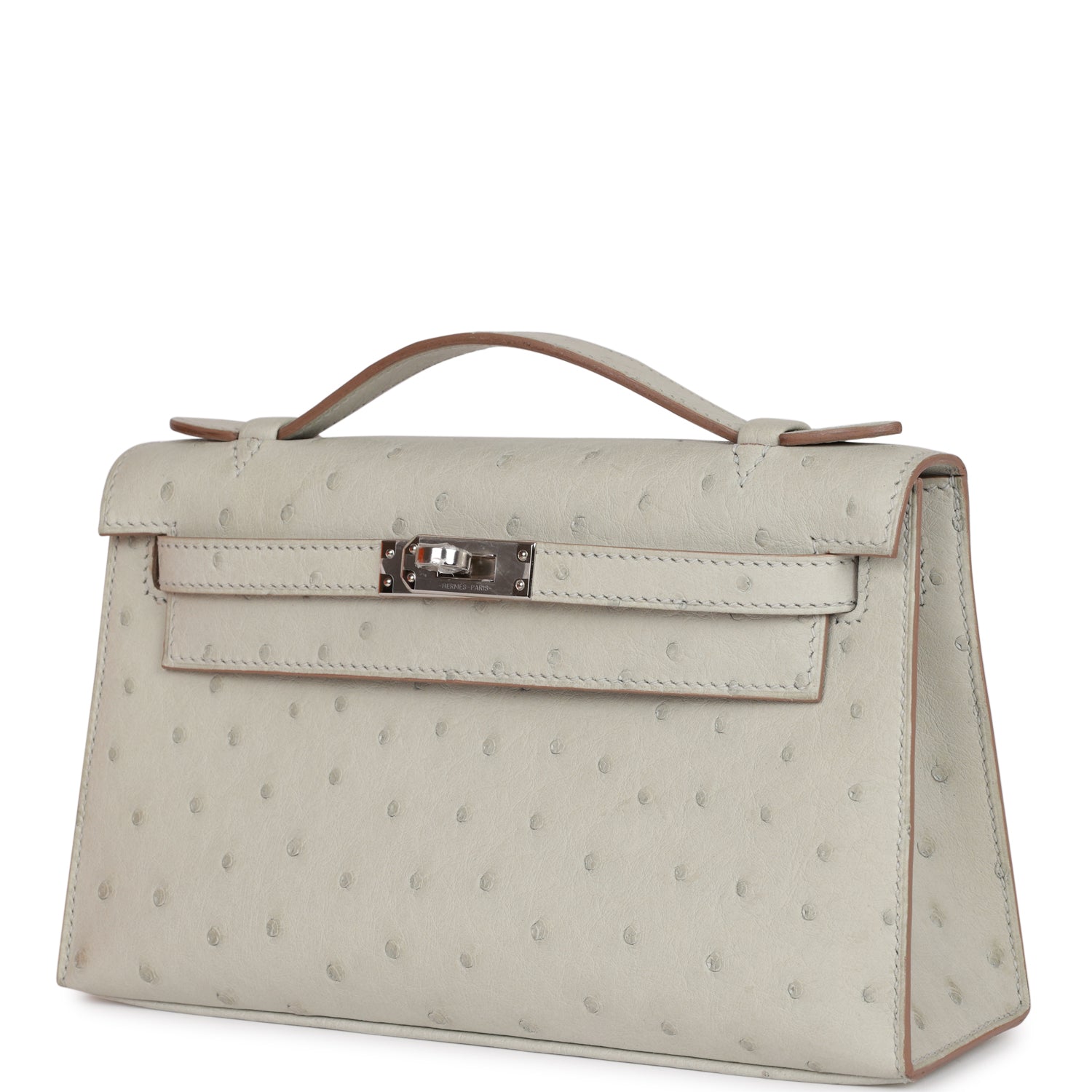 Hermes Kelly Pochette Gris Perle Ostrich Palladium Hardware Clutch Bag