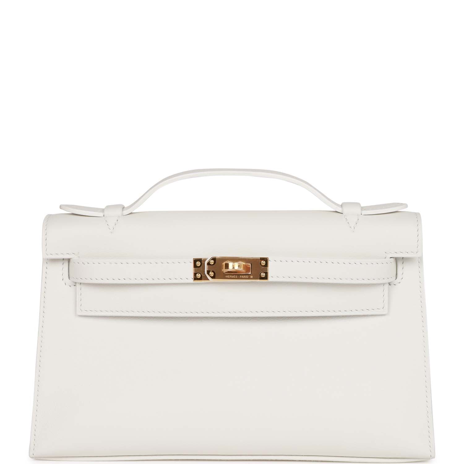 Hermes Kelly Pochette Swift Hardware Clutch Bag White Gold