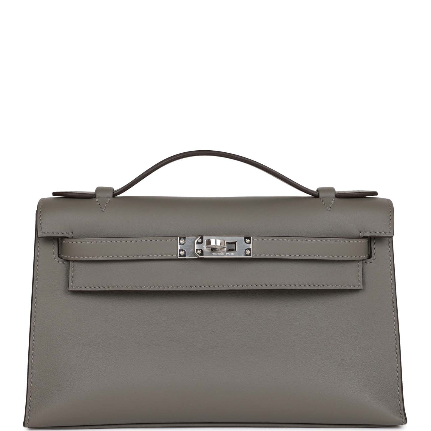 Hermes Kelly Pochette Gris Meyer Swift Palladium Hardware Clutch Bag