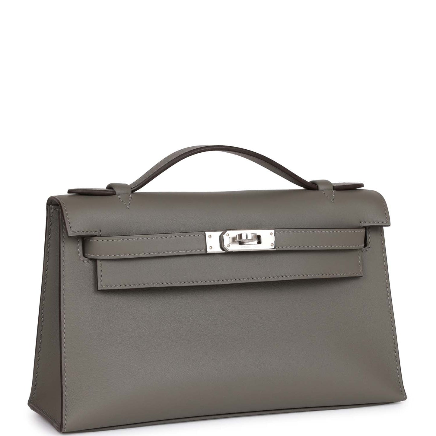 Hermes Kelly Pochette Gris Meyer Swift Palladium Hardware Clutch Bag