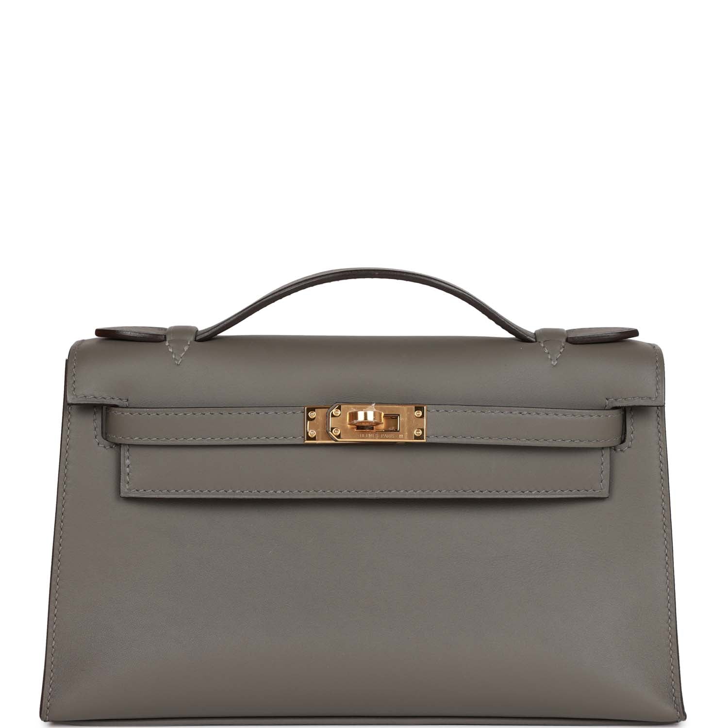 Hermes Kelly Pochette Gris Meyer Swift Hardware Clutch Gold Clutch Bag