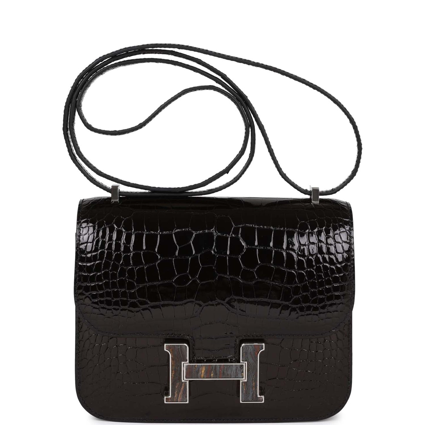 Hermes Constance Shiny Alligator Palladium Tiger Eye Hardware Handbag Black Travel Bag