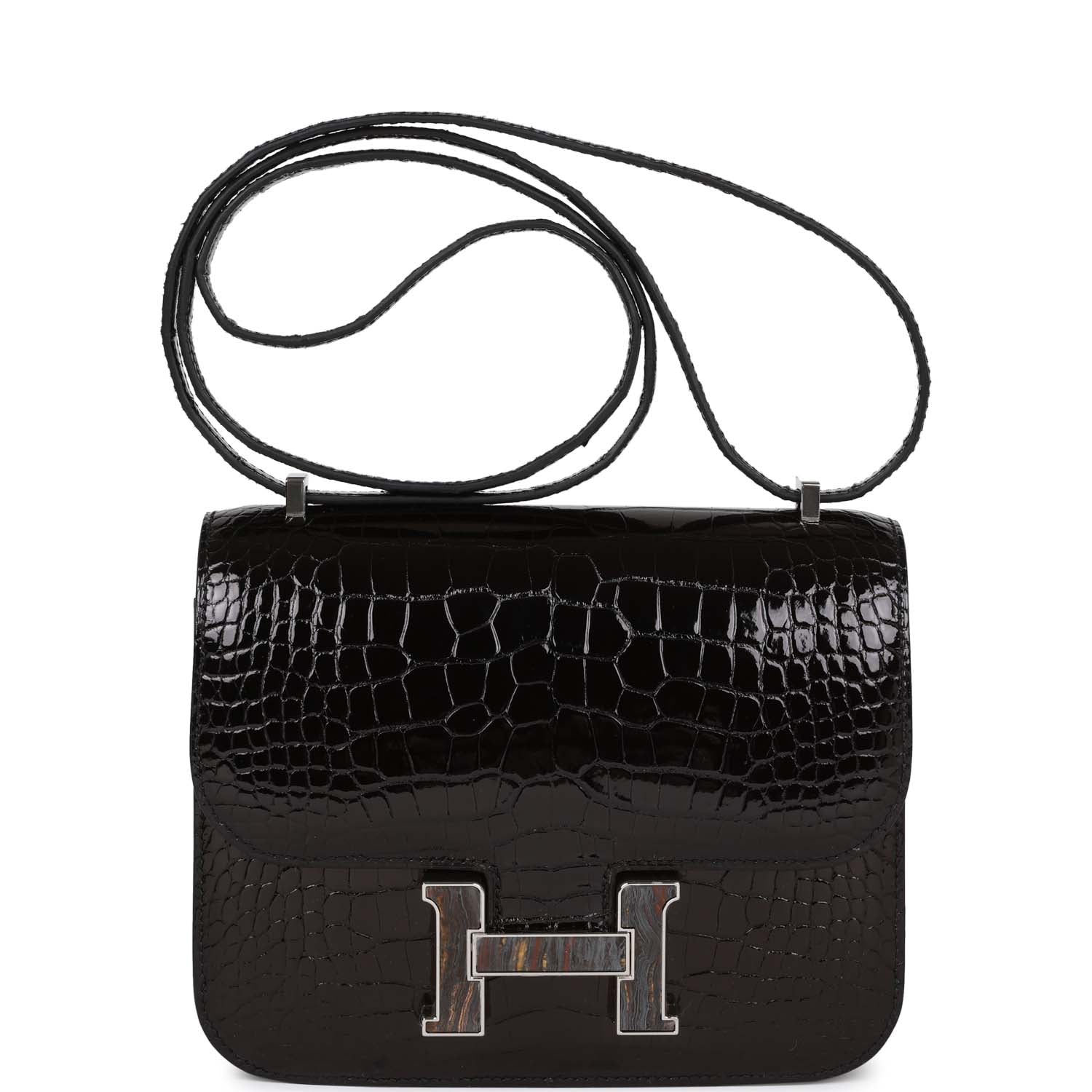 Hermes Constance Shiny Alligator Palladium Tiger Eye Hardware Handbag Black Travel Bag