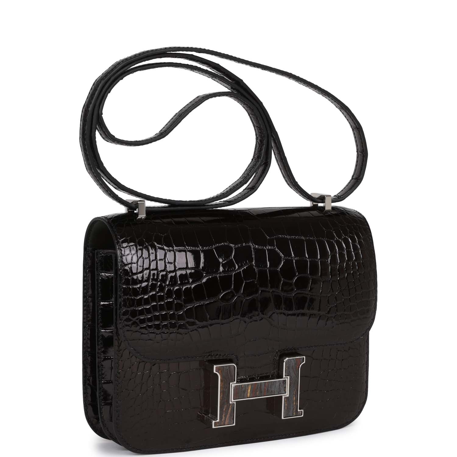 Hermes Constance Shiny Alligator Palladium Tiger Eye Hardware Handbag Black Travel Bag