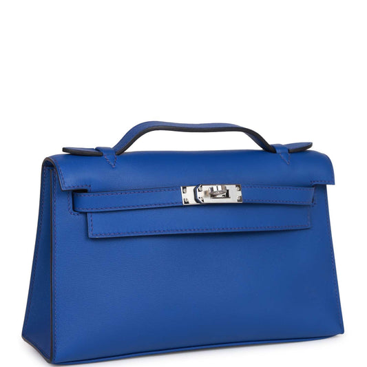 Hermes Kelly Pochette Bleu Royal Swift Palladium Hardware Handbag Travel Bag