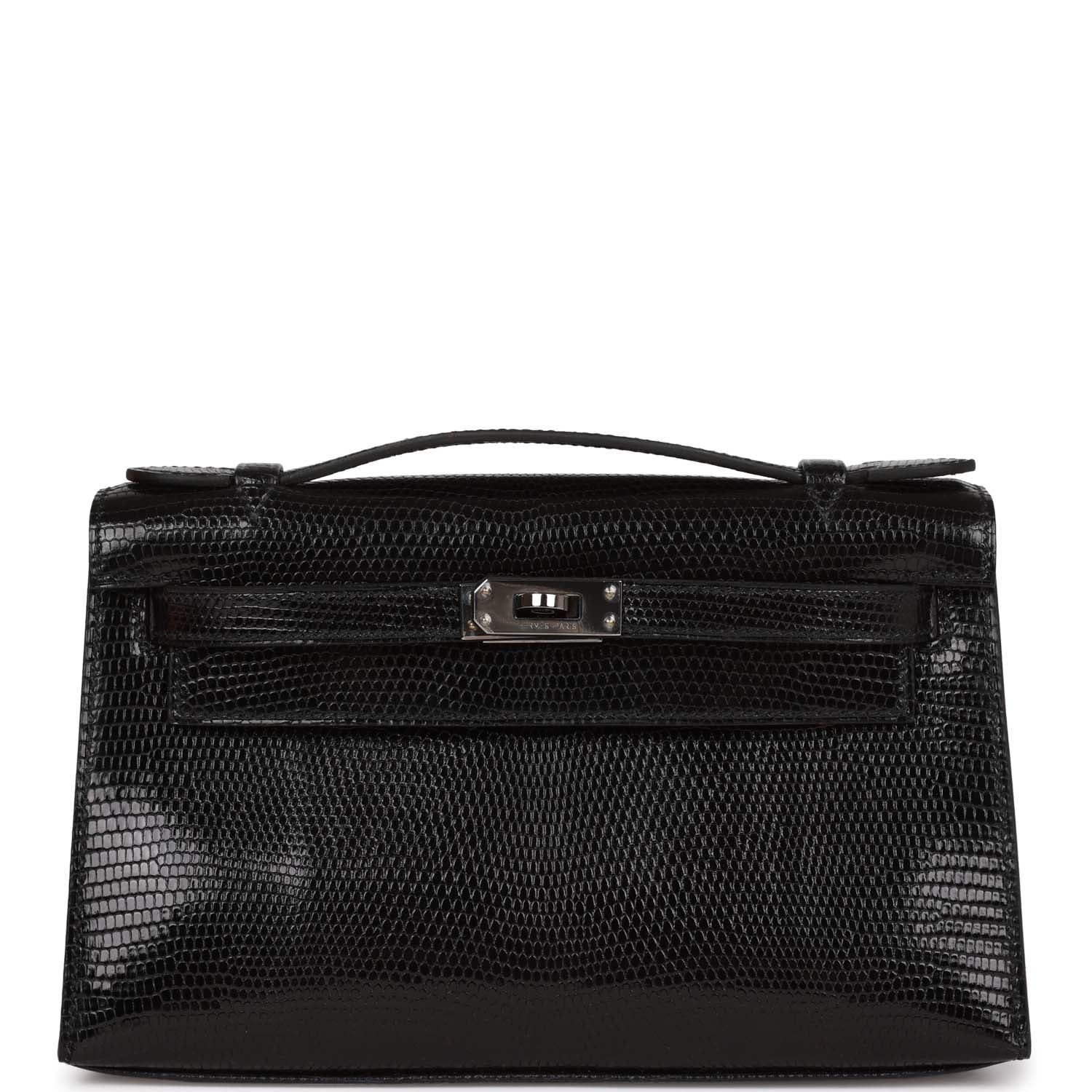 Hermes Kelly Pochette Lizard Ruthenium Hardware Handbag Black Travel Bag
