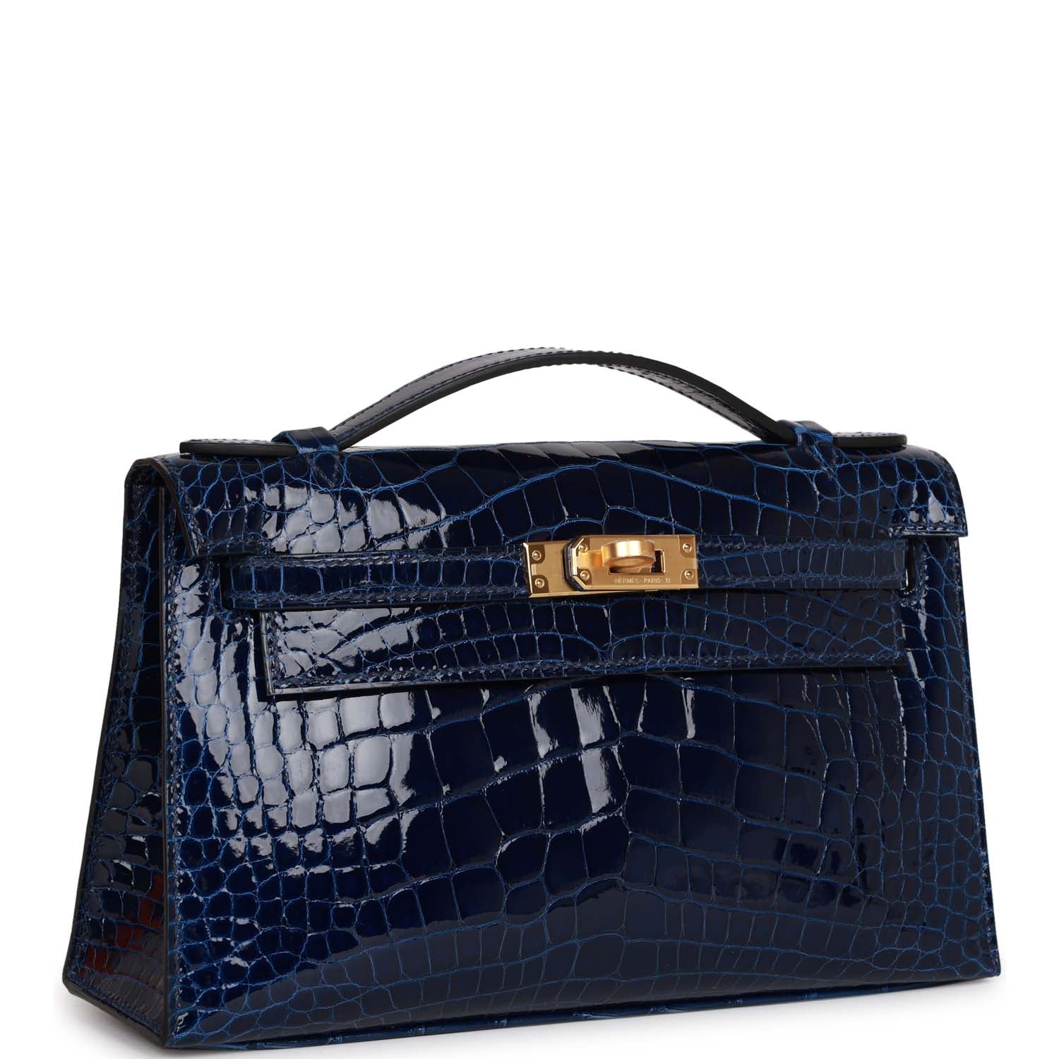 Hermes Kelly Pochette Bleu Saphir Shiny Alligator Hardware Handbag Gold Travel Bag