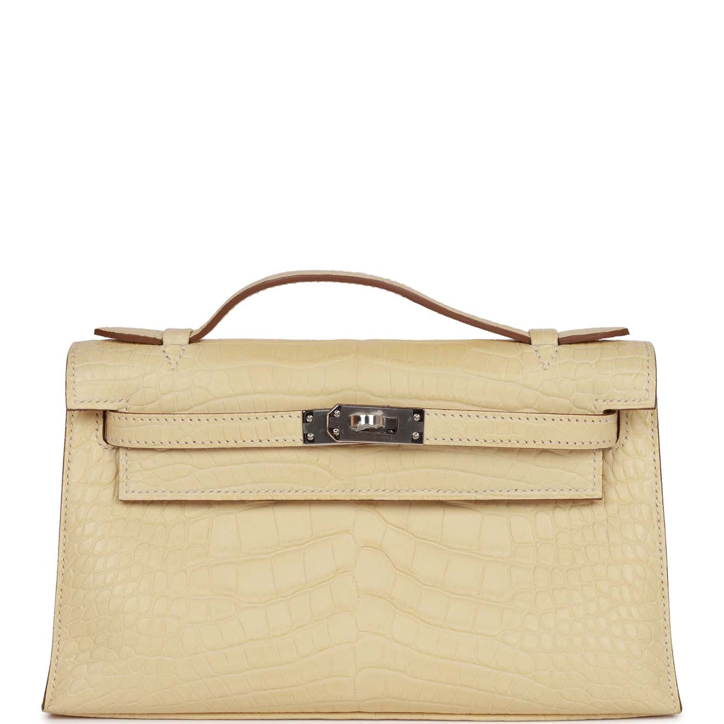 Hermes Kelly Pochette Vanille Matte Alligator Palladium Hardware Travel Bag Palladium Hardware