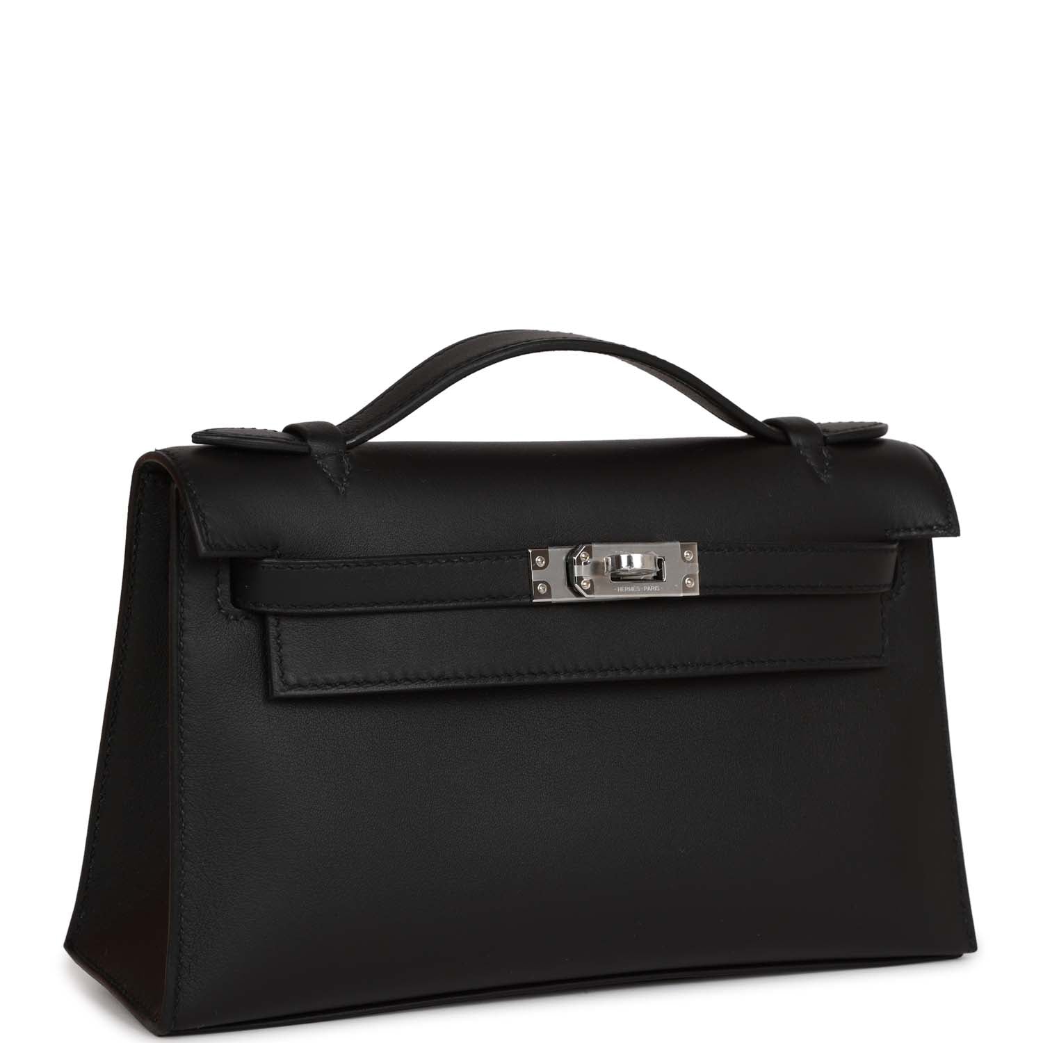 Hermes Kelly Pochette Swift Palladium Hardware Clutch Bag Black