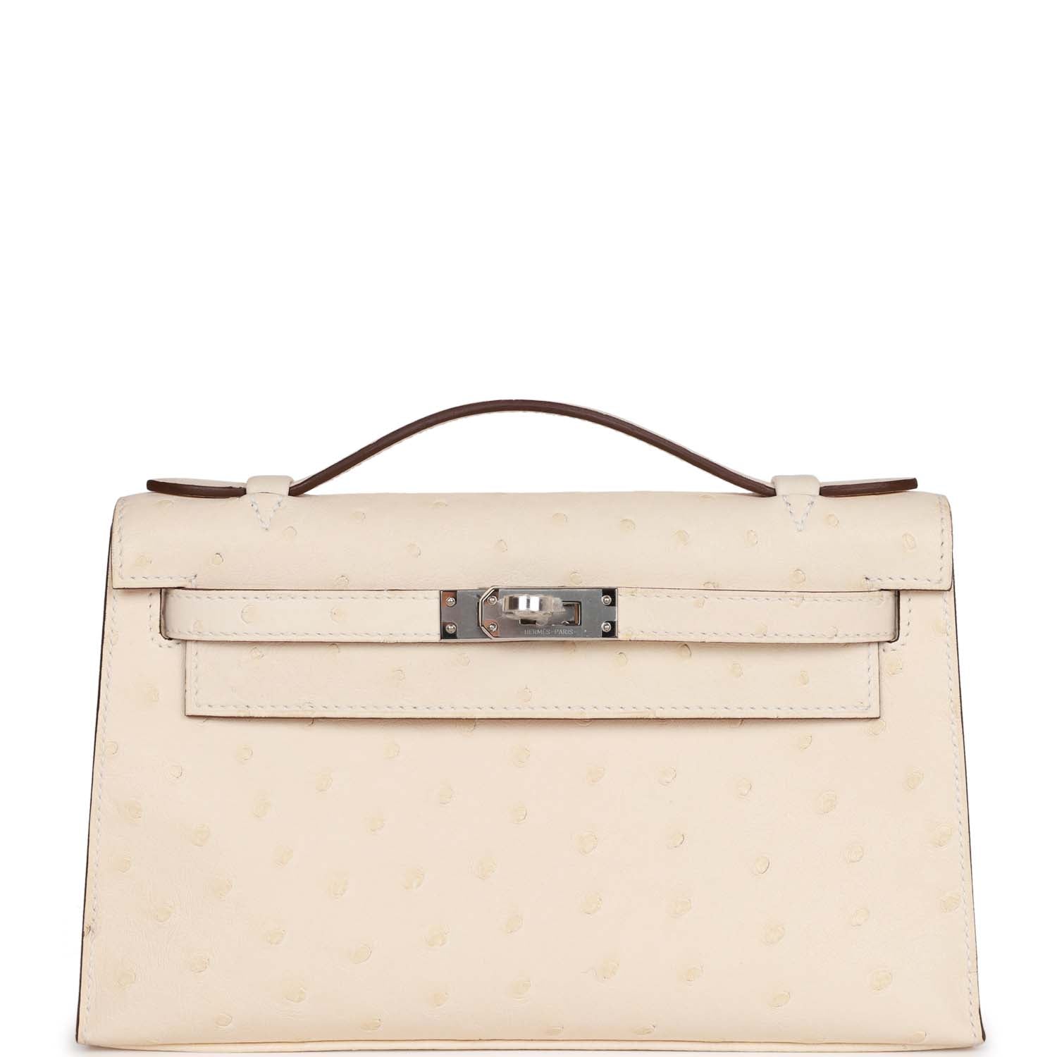 Hermes Kelly Pochette Nata Ostrich Palladium Hardware Clutch Bag